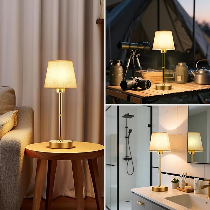 FRIDEKO HOME Rechargeable Table Lamp Gold - Cordless Battery Operated Lamp, Fabric Shade Desk Lamp, Wireless Lamp for Decor Bedroom Dining Table Counter (1pcs-Linen-Bulb Included-15.7in)
