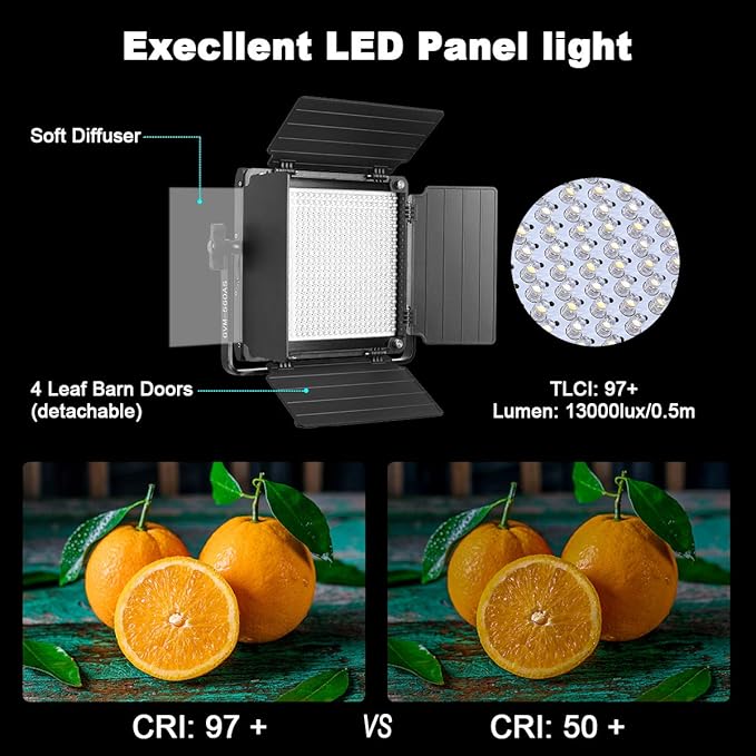 GVM 3 Pack LED Video Lighting Kits, Bi-Color Variable 2300K~6800K with Digital Display, 10~100% Brightness, CRI97+ TLCI97 Led Video Light Panel, Barndoor, App Control