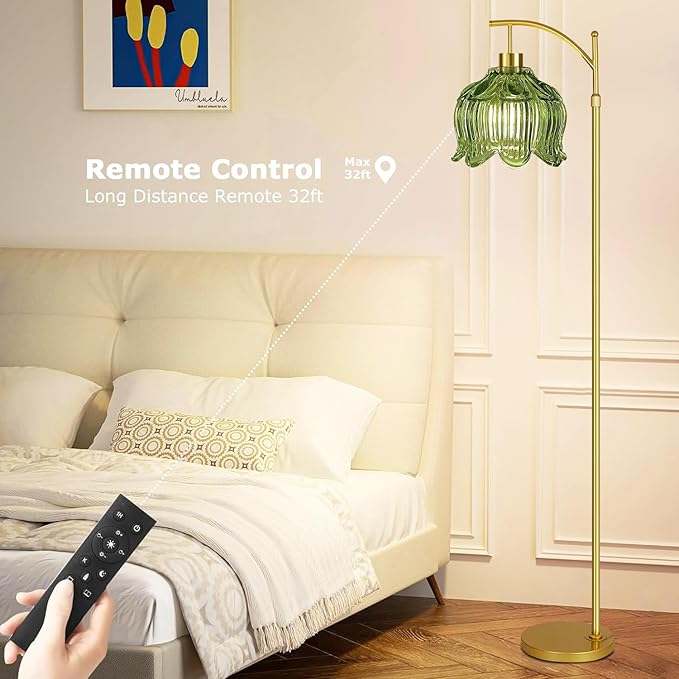 Glass Floor Lamp for Living Room,Bedroom,Gold Mid Century Modern Standing Lamp with Remote,Dimmable Brass Tall Lamp Vintage Tulip Green Arc Flower Floor Light Boho Bohemian
