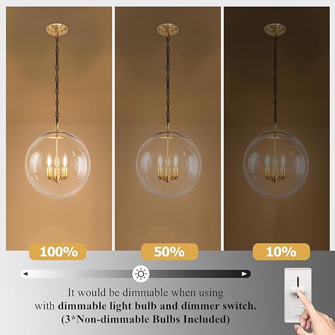 KoKo&Yukina 13.7" Gold Globe Pendant Light Mid Century Pendant Light Clear Glass Pendant Lights Kitchen Island Adjustable Hanging Light Fixture for Dining Room Bedroom Kitchen Island