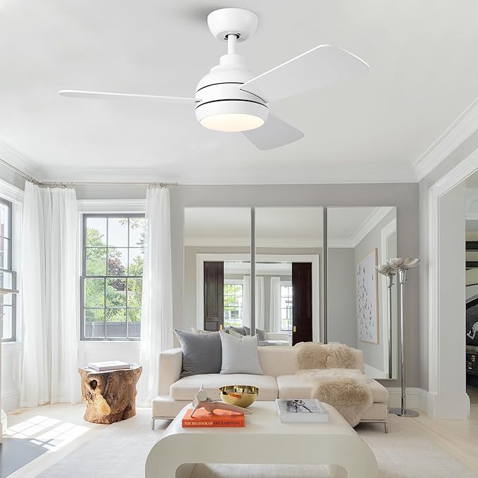 42 Inch Ceiling Fans with Lights and Remote, Modern White Ceiling Fan with Light, DC Reversible, 6 Speeds, 3CCT, Dimmable, 3 blades, Bedroom, Indoor/Outdoor Patios Use