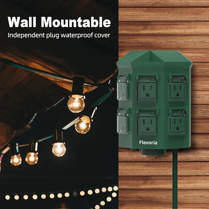 Outdoor Power Strip Timer Waterproof, Dusk to Dawn Light Sensor Countdown, 25 Feet Extension Cord, 6 Grounded Outlets for Christmas Decorations, ETL Listed