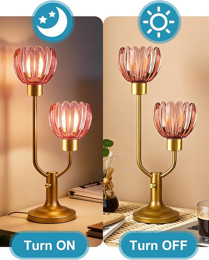 Lightdot Mid Century Modern Glass Table Lamp Gold Dimmable U-Shaped Desk Lamps with Deep Red Glass Shade& 2Pcs 3000K Warmwhite Bulbs Included Bedside Nightstand Lamp for Living Room Bedroom