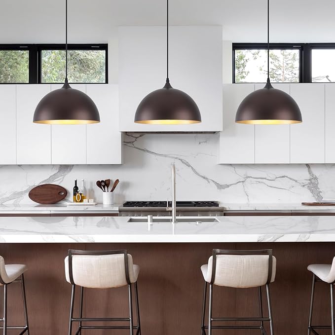 Farmhouse Pendant Light 12 Inch, Modern Pendant Lights Kitchen Island, Adjustable Height Dome Pendant Lights Fixtures for Dining Room Barn,Oil Rubbed Bronze Finish, 3 Pack