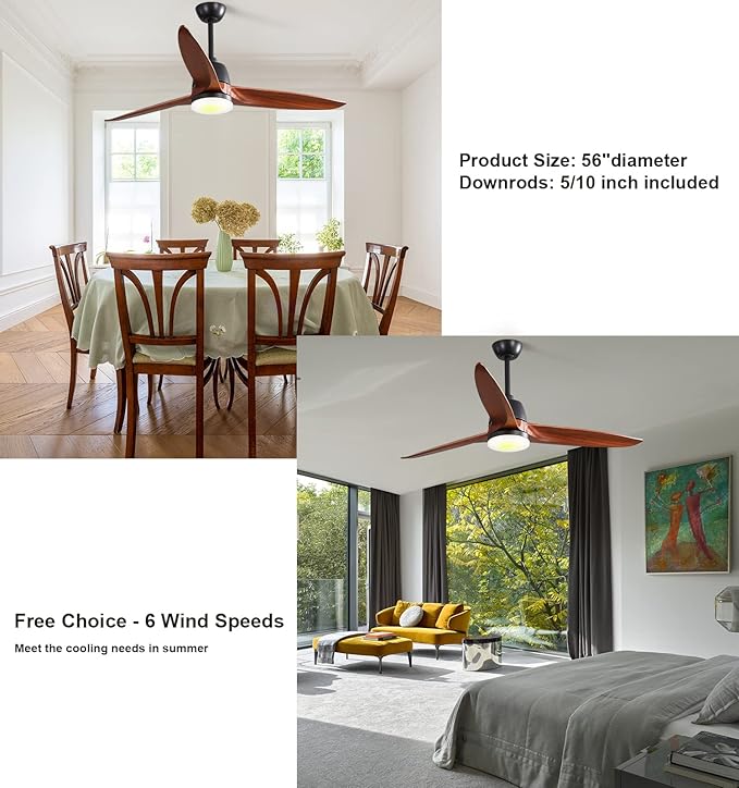 56" Ceiling Fans with Lights Remote Control, Dimmable LED and Reversible DC Motor,Outdoor Farmhouse Indoor,Black Body Walnut Wood Blade