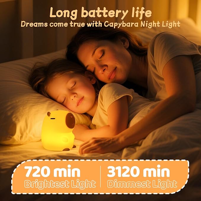 Capybara Night Light, 50-Hour Battery & Pat Control, Squishy Animal Lamp for Kids Room, USB Rechargeable with Timer, Easter Gifts