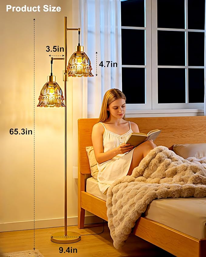 Gold Dimmable Floor Lamp for Living Room, 2-Light 65IN Tall Standing Lamps with Brown Glass Lampshade, 3000K Warmwhite Mid Century Modern Floor Lamp for Bedroom/Home Office/Corner