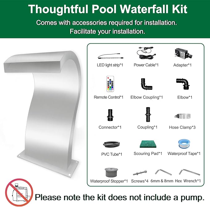 LONGRUN S-Shaped Waterfall Spillway Stainless Steel Swimming Pool Fountain with Color Changing LED Light, Outdoor Pond Waterfalls Kit for Garden Patio Swimming Pool Koi Ponds Decoration -20.2" Height