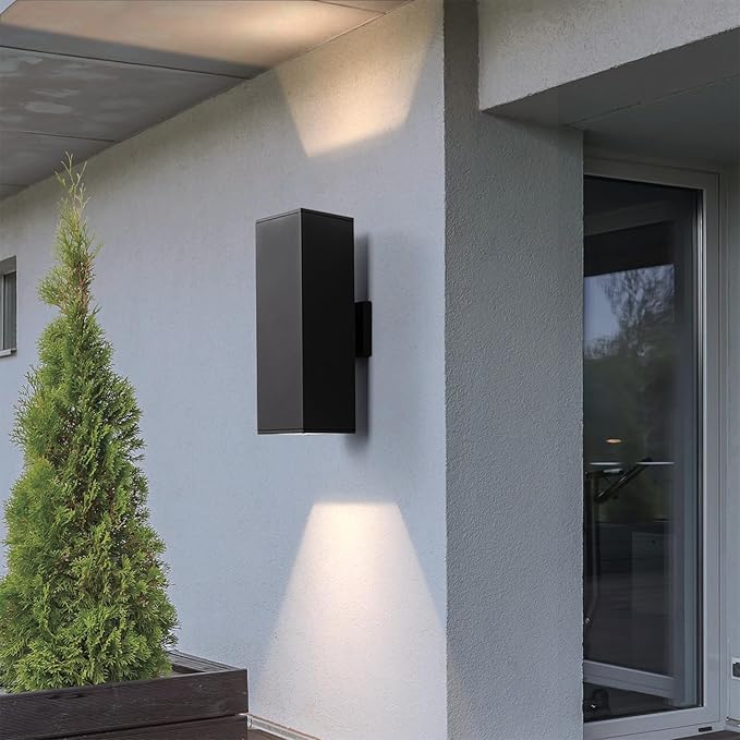mirrea Modern Outdoor Porch Light Patio Light in 2 Lights with Aluminum Rectangular Tube and Tempered Glass Cover Waterproof Wall Sconce 2 Pack (Matte Black 18")