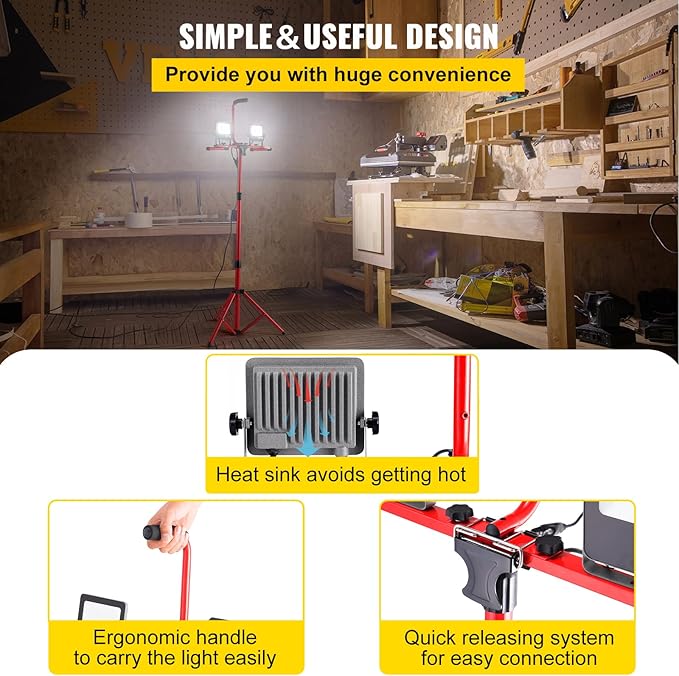 VEVOR LED Work Light with Stand, 5000 Lumen Dual-Head LED Work Light with 27.6"-68.1" Adjustable and Foldable Tripod Stand, IP65 Waterproofed LED Tripod Work Light, with 5000 Kelvin Color Temperature
