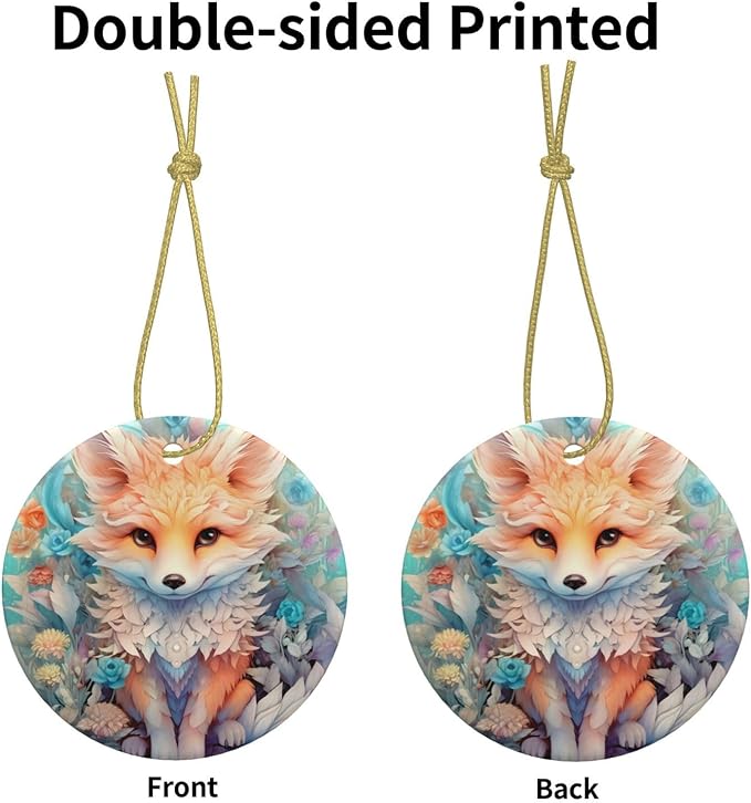 Cute Animal Fox Flowers Christmas Ornaments, Christmas Decorations Xmas Tree Hanging Ornaments, Round Ceramic Festive Keepsake Gift for Christmas Decorations Holiday Home Party Decors