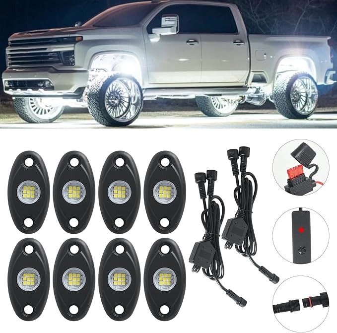 8pods White Rock Lights 12v Aluminum 6000k Super Brights Led Rock Light for Trucks with Switch Ip68 Waterproof for Utv ATV SUV RZR Rv Trucks Pickup Car Automotive Neon Accent Light Kits