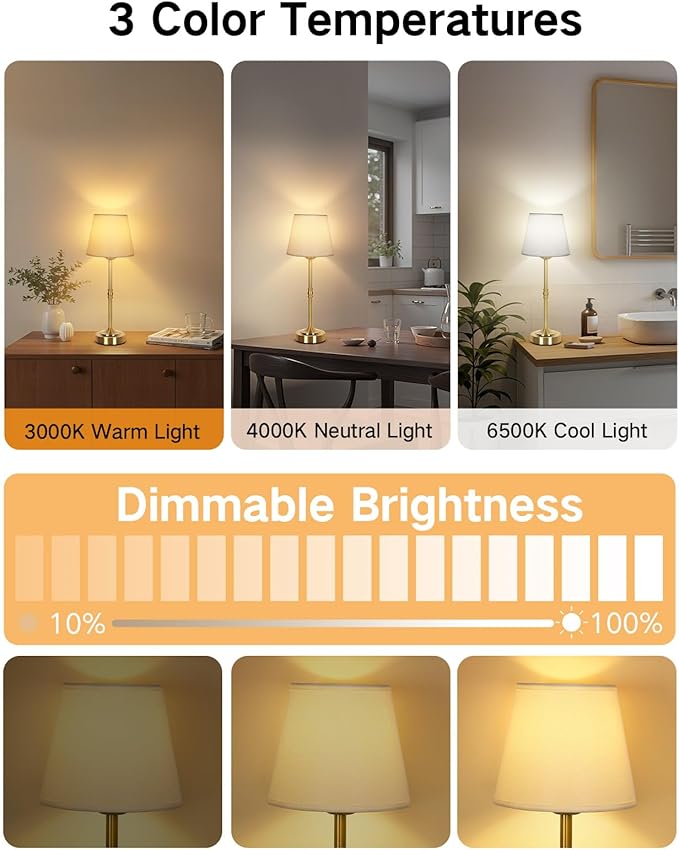 OUTON 2 Pack Cordless Table Lamp Rechargeable, Touch Dimmable LED Lamp with Fabric Shade, 3 Color Temperatures, USB-C Charging, Battery Display, Memory Function for Bedroom Living Room Patio, Gold