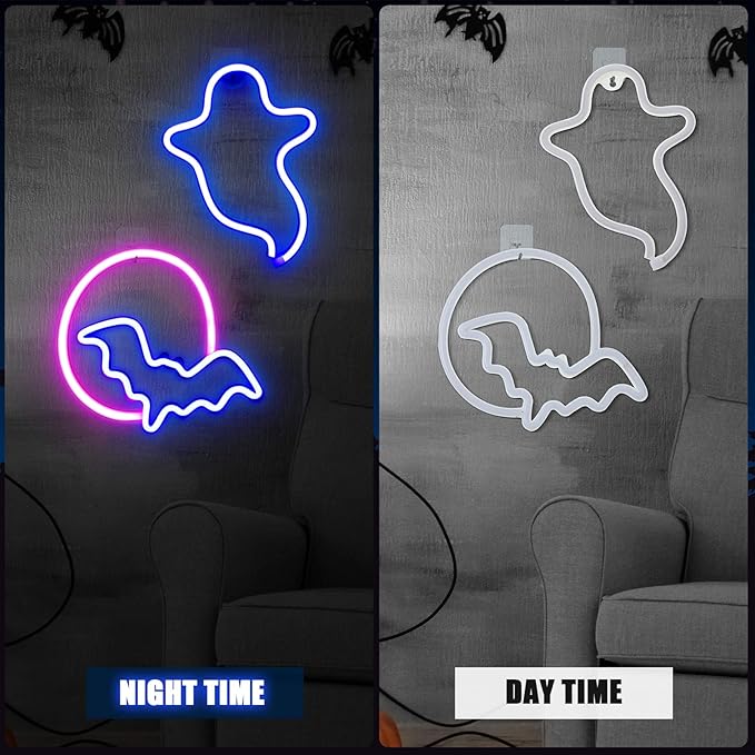 Amylove 2 Pcs Halloween Decoration LED Neon Sign Lights, Ghost and Bat LED Neon Lights, Glowing Moon Hanging Sign USB/Battery Powered for Halloween Party Wall Window Decor Gift Indoor
