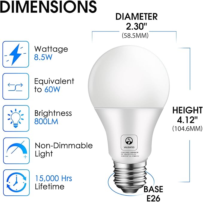 E ENERGETIC LIGHTING A19 LED Bulb 60W, 800LM 8.5W 5000K Non-dimmable, 60 Watt LED Daylight Bulbs, ETL Validated, Environmentally Friendly, 20 Packs
