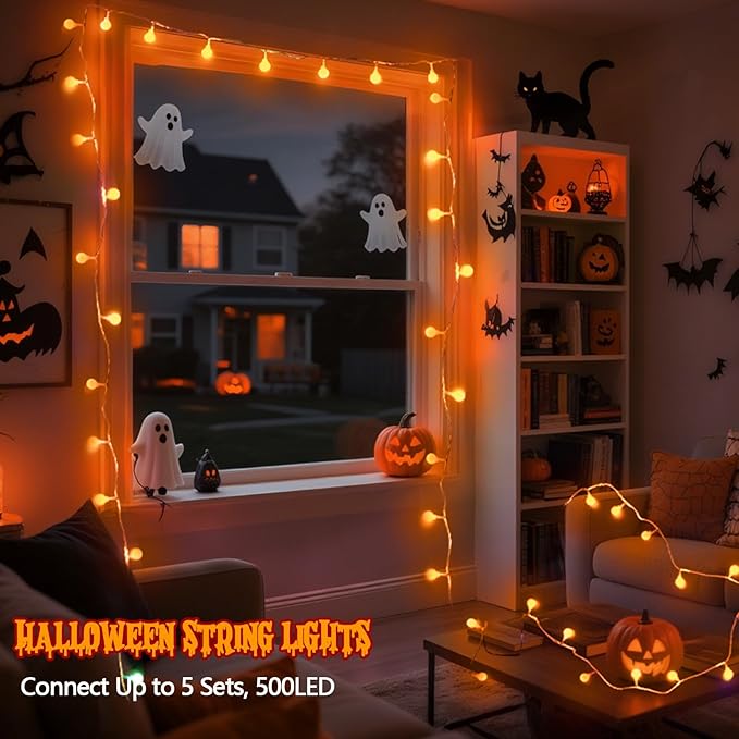 LORRYTE Connectable Orange Halloween Lights Outdoor Indoor - 43FT 100LED Globe String Lights Plug in with Timer, 13 Modes Fairy Light Waterproof for Party Halloween Decorations Bedroom Decor