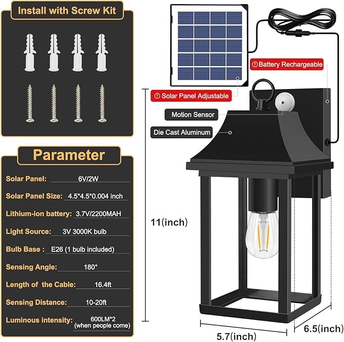 OKELI Porch Lights Outdoor Dusk to Dawn Motion Sensor Solar Wall Lantern Separate Panel & Battery Replaceable Exterior Waterproof Wall Sconce Lighting Lamp (Black A, 1 Pack)