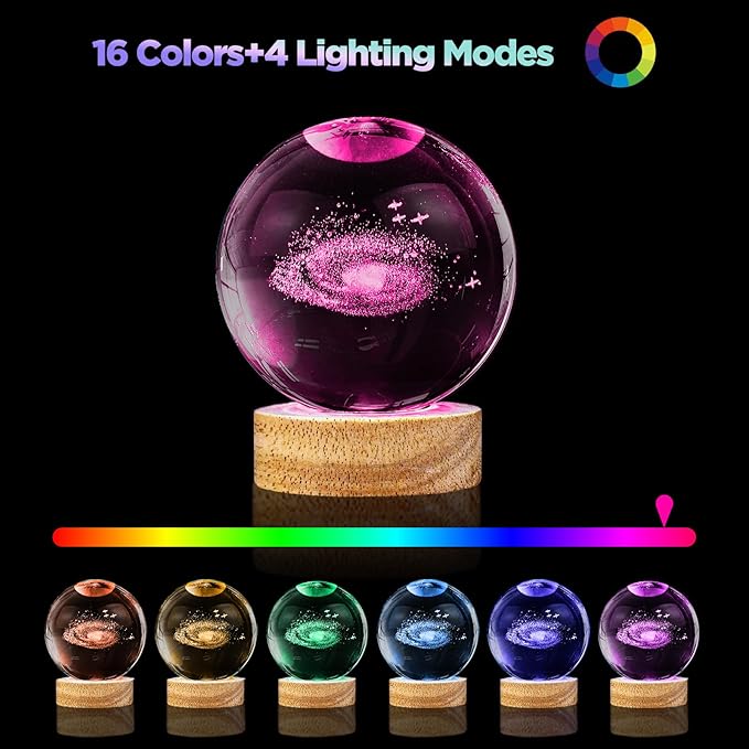 3D Galaxy Crystal Ball Night Light,3.15in k9 Universe Crystal Ball Lamp with 16 Colors Change,Wooden Base and Remote Control Decor Space Astronomy Gifts for Kids