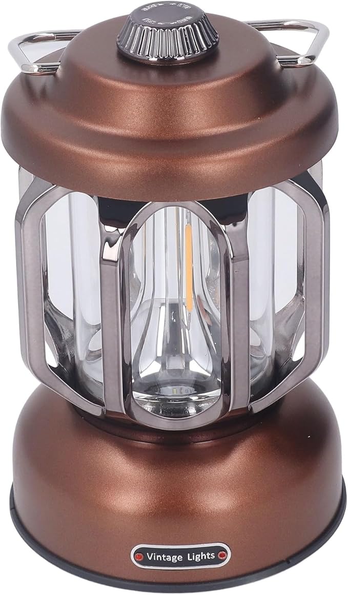 Retro Camping Lantern, Rechargeable LED Tent Lamp with 3 Light Modes, Dimmable Vintage Camping Light with Hook, USB Type C Portable Lantern for Garden Outdoor (Brown)
