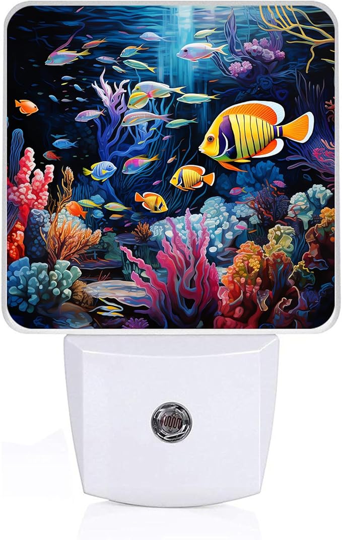 Underwater World Fish Night Light, Plug-into Nightlight White LED Lamp, Energy Efficient Decor Desk Lamp for Bedroom Hallway Stairs Bathroom