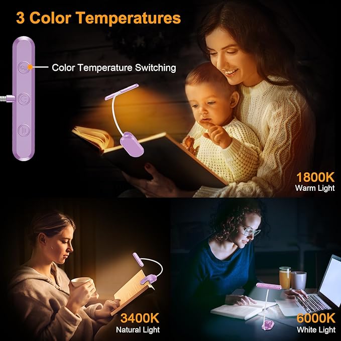 Gritin Rechargeable Book Light for Reading in Bed with 19 LED &Memory Function-Eye Caring 3 Color Temperatures,5 Brightness Levels,90 Hrs Runtime Flexible Goose Neck Clip on Light-Purple