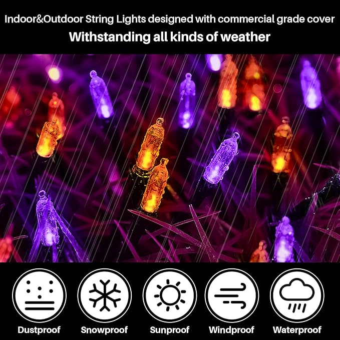 LAMPHOME Orange Purple Halloween String Lights Outdoor, 32.5FT 100 LED Waterproof Christmas Lights with 16 Lighting Modes for Halloween Garden Party Christmas Xmas Tree Lights Decor
