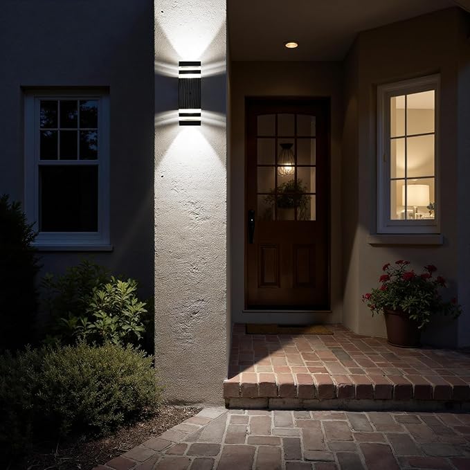 Motion Sensor Outdoor Wall Lights, Cold Light with PIR Body Sensor, Black Aluminum Up & Down Porch Sconce, GU10 LED Bulbs Included, ETL Listed, Dusk to Dawn Garage & Garden Lighting Fixture