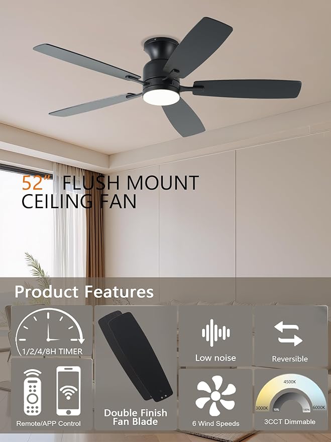 KNUN Ceiling Fans with Lights,52 Inch Flush Mount Ceiling Fan with Light and Remote/APP Control,3CCT Dimmable, DC Motor, Low Profile Ceiling Fan for Living Room, Bedroom, Indoor/Outdoor Use(Black)