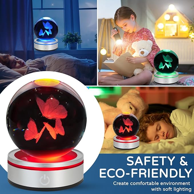 3D Butterfly Crystal Ball Night Light with LED Colorful Lighting Touch Base 3.15 In Butterfly Glass Sphere Lamp for Birthday Christmas Vivid Butterfly Figurine Home Decor Gift for Women Her Kids