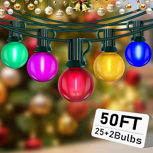 50Ft Outdoor Multicolor Christmas Lights, G40 Frosted Globe Patio String Lights with 27 Ceramic Colorful Bulbs(2 Spare), Connectable Vintage Christmas Bistro Lights for Holiday Party Backyard Christma