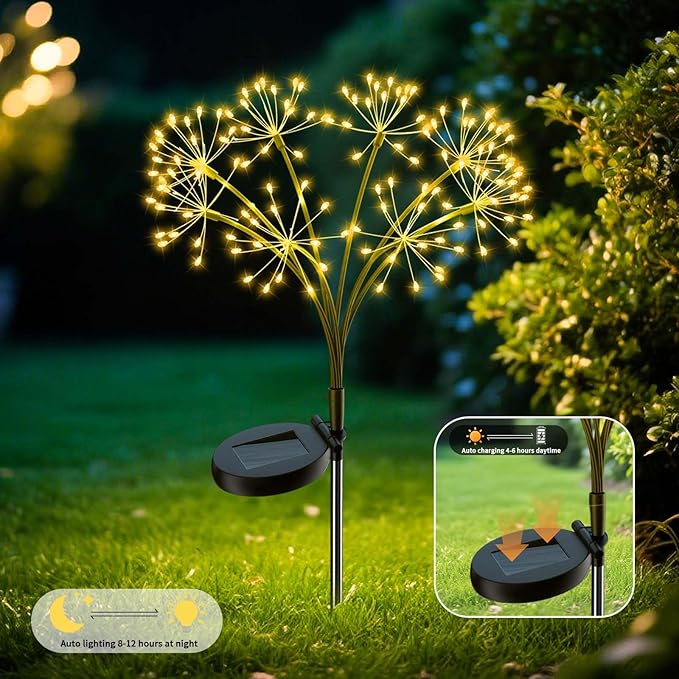 Solar Firework Lights Outdoor, 2 Pack Fairy Lights 160LED with 8 Modes, Warm White Solar Garden Lights for Yard Pathway Lawn Patio Landscape Decor (2pcs Flower Lanterns)