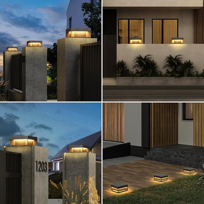 Outdoor Modern Post Light,7.87" Square Column Lamp LED Fence Deck Post Caps Lights Waterproof 3000K Luxry Pillar Lighting Outside High Voltage Wired for Flat Surface Patio Garden Decoration