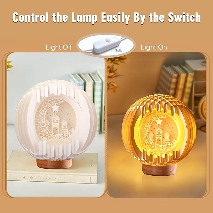 Light Up Ramadan lights with USB Charging for Tabletop, Paper Carving Ramadan Decorations for Home,Ramadan Decor Lamp,Ramadan Gifts for Kids,Ramadan Mubarak Kareem Sign for Eid Table Decorations (not Wood Material)