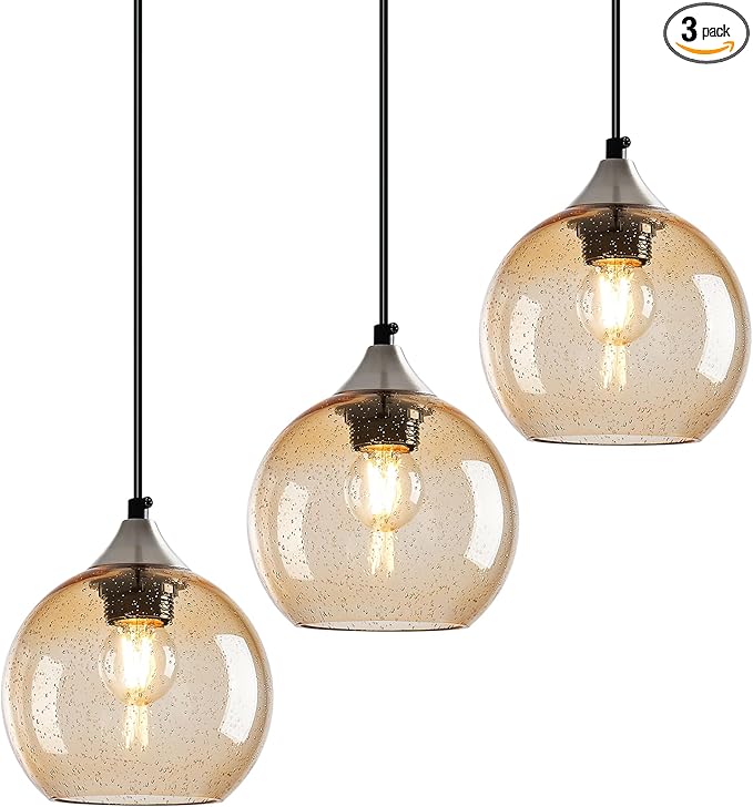 Light Brown Glass Pendant Lights Kitchen Island Globe Pendant Light Fixtures Modern Pendant Lighting for Bedroom Living Dining Room Light Fixture (5.9 in, 3 Pack)