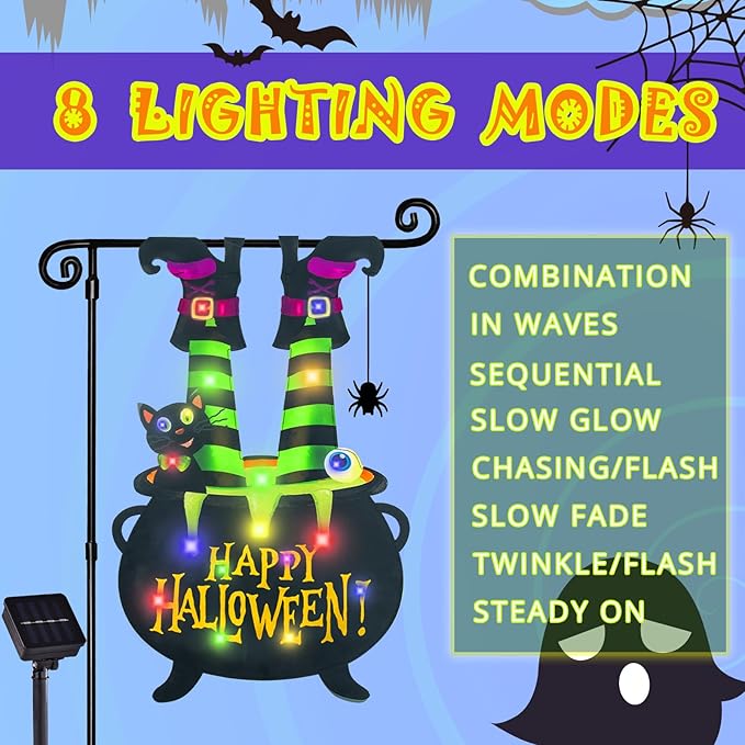 Halloween Lighted Garden Flag for Outside, Led Solar Yard Flag 8 Modes Witch Feet Shape Flag, 28x41 Double Sided Cauldron Eyeball Black Cat Decorations for Home Porch