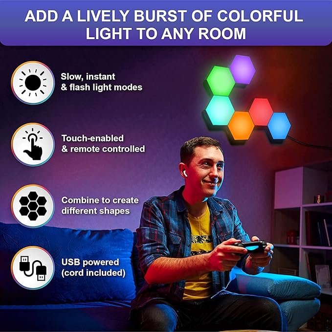 Hexagon LED Lights with Remote Control, Hexagon Wall Lights RGB Gaming LED Lights for Gaming Setup Touch Sensitive, DIY Geometry Modular LED Light Panels for Gaming Room Bedroom Streaming, 10 Pack