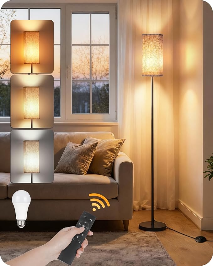 64.2” Dimmable Floor Lamp for Living Room with Remote and Foot Switch, Corner Floor Lamp for Bedroom, Includes 10W A19 Bulb, Modern Standing Tall Lamp, ETL Listed Beige and Black E17LD05