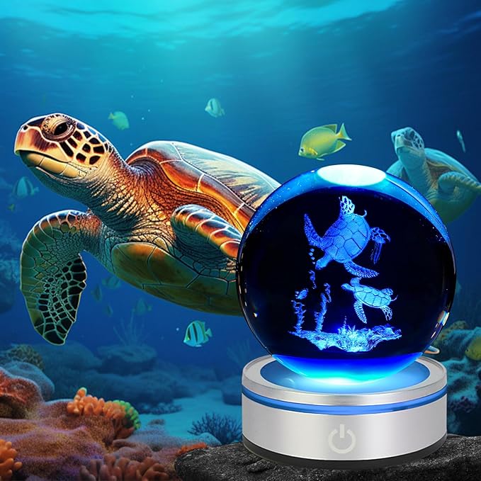 3D Sea Turtle Crystal Ball Night Light with LED Colorful Lighting Touch Base 3.15 in Sea Turtle Glass Sphere Lamp for Birthday Christmas, Cool Turtle Figurine Home Decor Gift for Women Men Kids