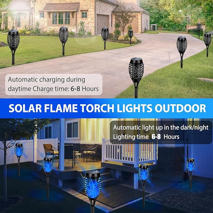 16 Pack Solar-Powered Flashlight Torches for Outdoor use, Dancing and Flickering Flame Torches for Landscape Decoration, Suitable for Paths, lawns, terraces (Blue)