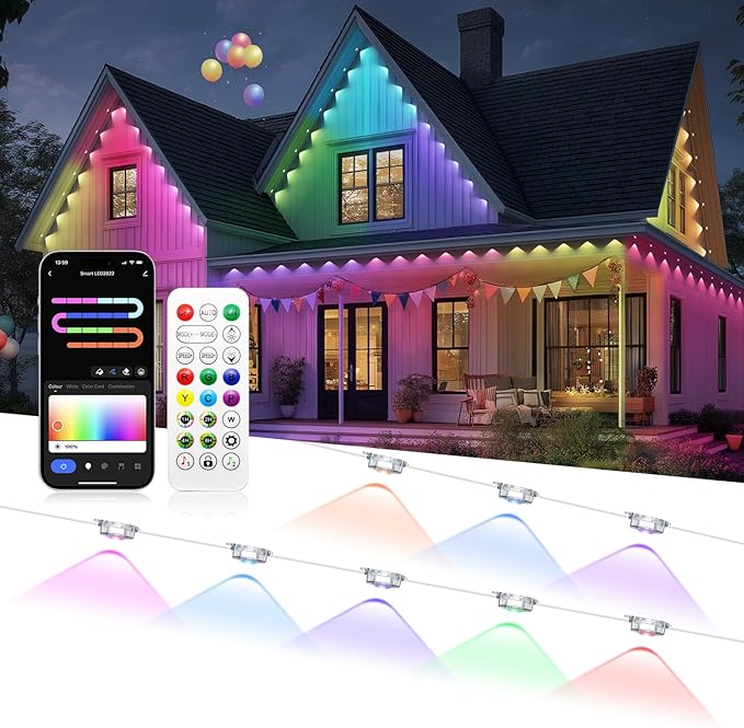 Permanent Outdoor Lights, RGB+IC Smart Outdoor Halloween Lights for House, 300ft with 150 LED, IP67 Waterproof LED Light for Halloween Christmas Decorations, Work with Remote, APP