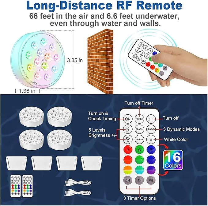 USB Rechargeable Pool Light Waterproof LED RGB RF Remote Control Diving Light Swimming Pool Underwater Decorative Lamp(2 PCS)