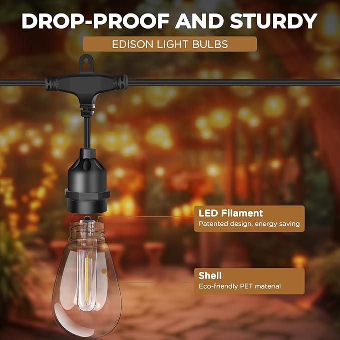 Outdoor String Lights LED 50FT Patio String Lights for Outside with S14 Teardrop-Shaped Bulbs Waterproof Flat Light Christmas Hanging Pendent Lights for Balcony Backyard Garden 2700K