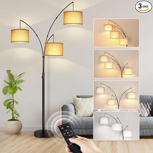 OUTON Arc LED Floor Lamp with Remote Control, Dimmable Modern Black 3 Light Arched Tall Floor Lamp, Mid Century Adjustable Standing Corner Lamps for Bedroom, Office, Living Room, Beige Lampshade