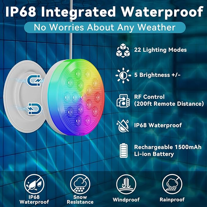 2-in-1 Solar Pool Lights, USB Rechargeable Pool Lights with Remote, 4.55 Inch IP68 Waterproof 22 Colors Solar Submersible LED Lights with Magnet for Inground Pools, Above Ground Pools 2 Pack