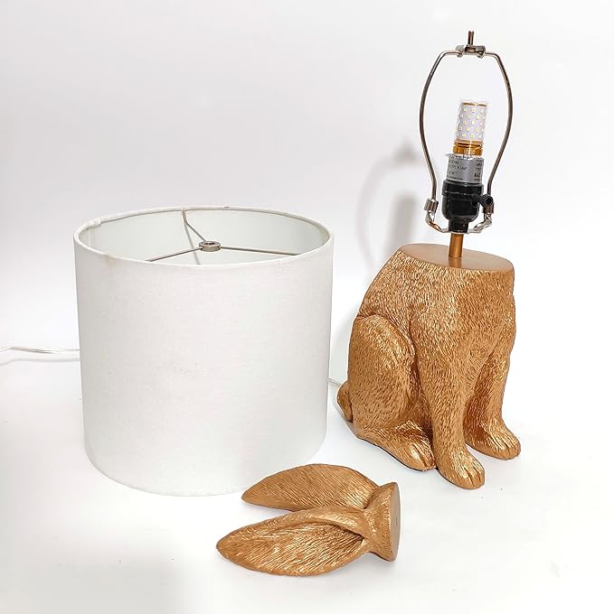 Bunny Table Lamp Golden Resin Rabbit Nightstand Light with Fabric Shade Bedside Table Light Living Room Decoration