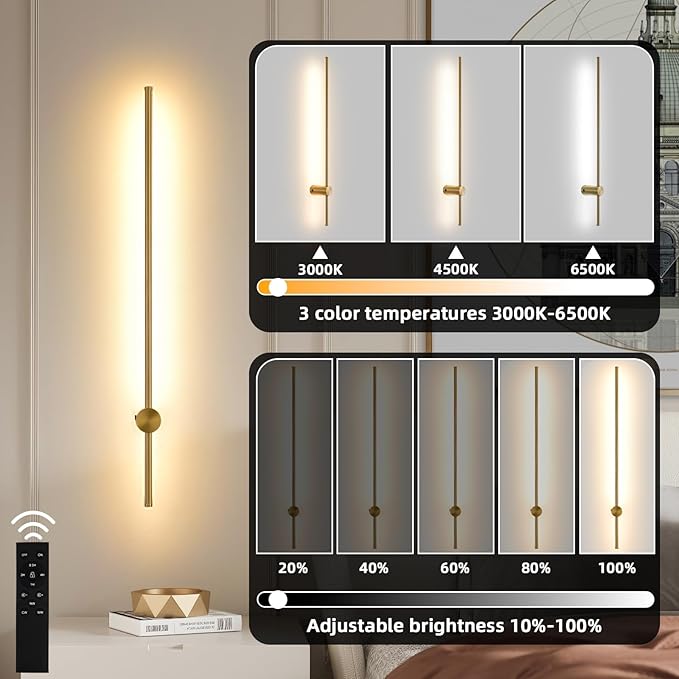 Battery Operated Wall Sconce USB Rechargeable Sconces, 39.3" Brushed Gold Wireless Wall lamp Set of 2, 3000K-6000K & Dimming with Remote Control, LED Wall Lights for Living Room, Bedroom