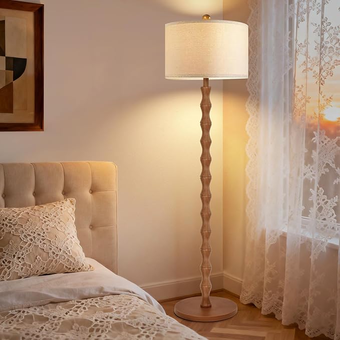 Wood Floor Lamp with 3 Color Temperatures,Boho Floor Lamp with Remote Control,Dimmable Vintage Floor Lamp Mid Century Modern Standing Lamp Farmhouse Tall Pole Lamp for Living Room Bedroom