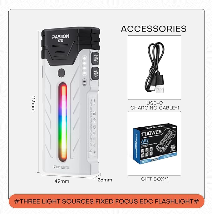 EDC Rechargeable Flashlight 3250 Lumens with RGB Light,55 Modes Multifunctional Flat Flashlight with Floodlight,Spotlight and Magnetic Base,Waterproof USB C Flashlight for Camping,Home,Emergencies