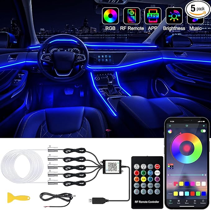 Interior Car LED Strip Lights with Wireless APP and Remote Control, RGB 5 in 1 Ambient Lighting Kits with 236 inches Fiber Optic, 16 Million Colors Car Neon Lights, Sync to Music