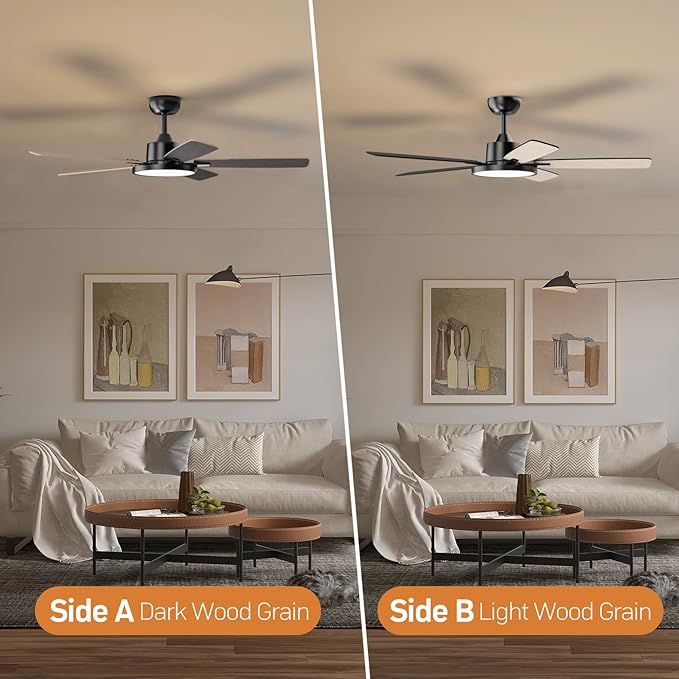 TALOYA 52 Inch Black Walnut Ceiling Fans with Lights Led Back Light Remote Control Flush Mount Low Profile for Bedroom Living Room Outdoor Patio,Reversible,DC Motor,3 Color Temperatures,5 Blades